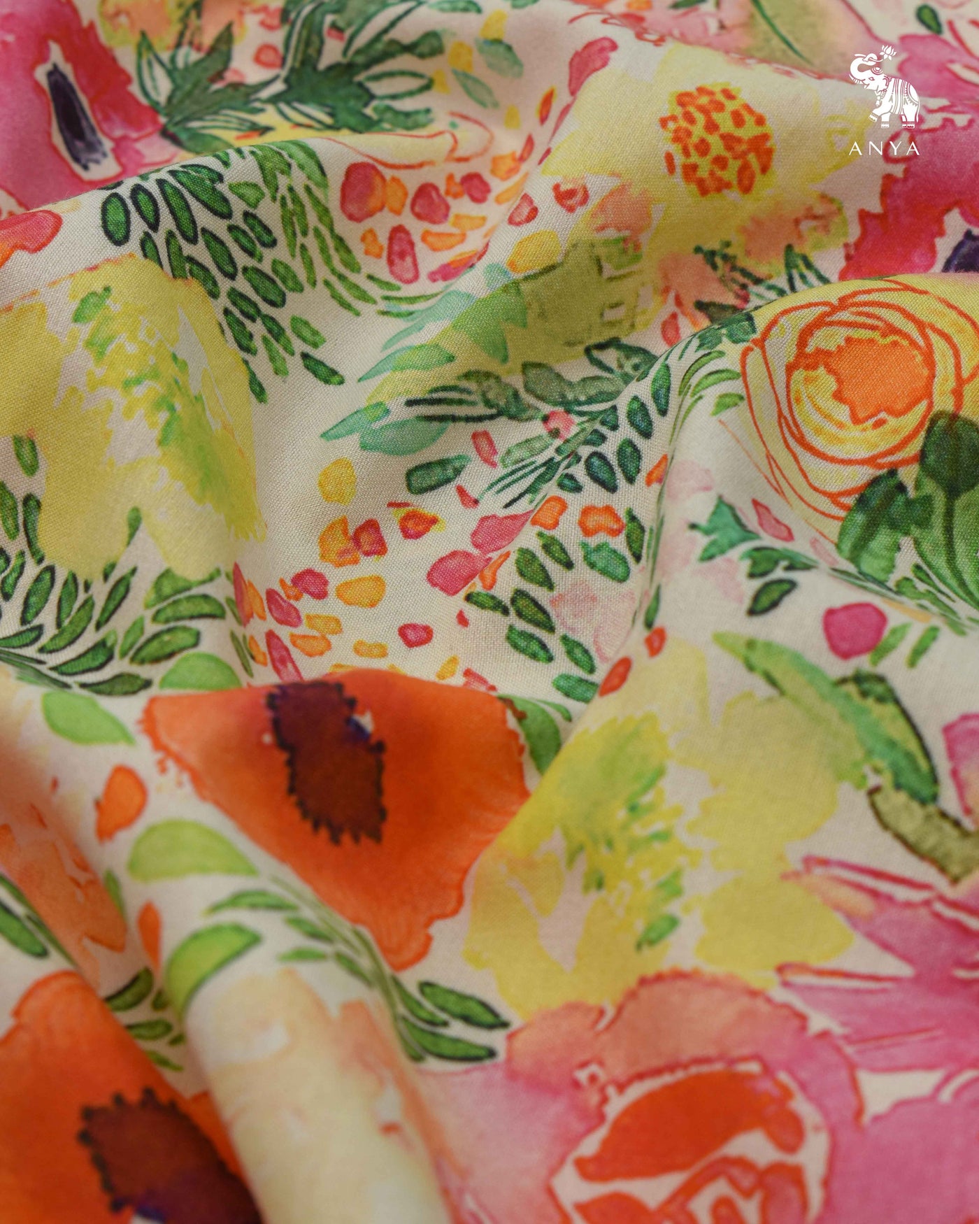 Off White Maheshwari Silk Fabric with Multicolor Floral Design