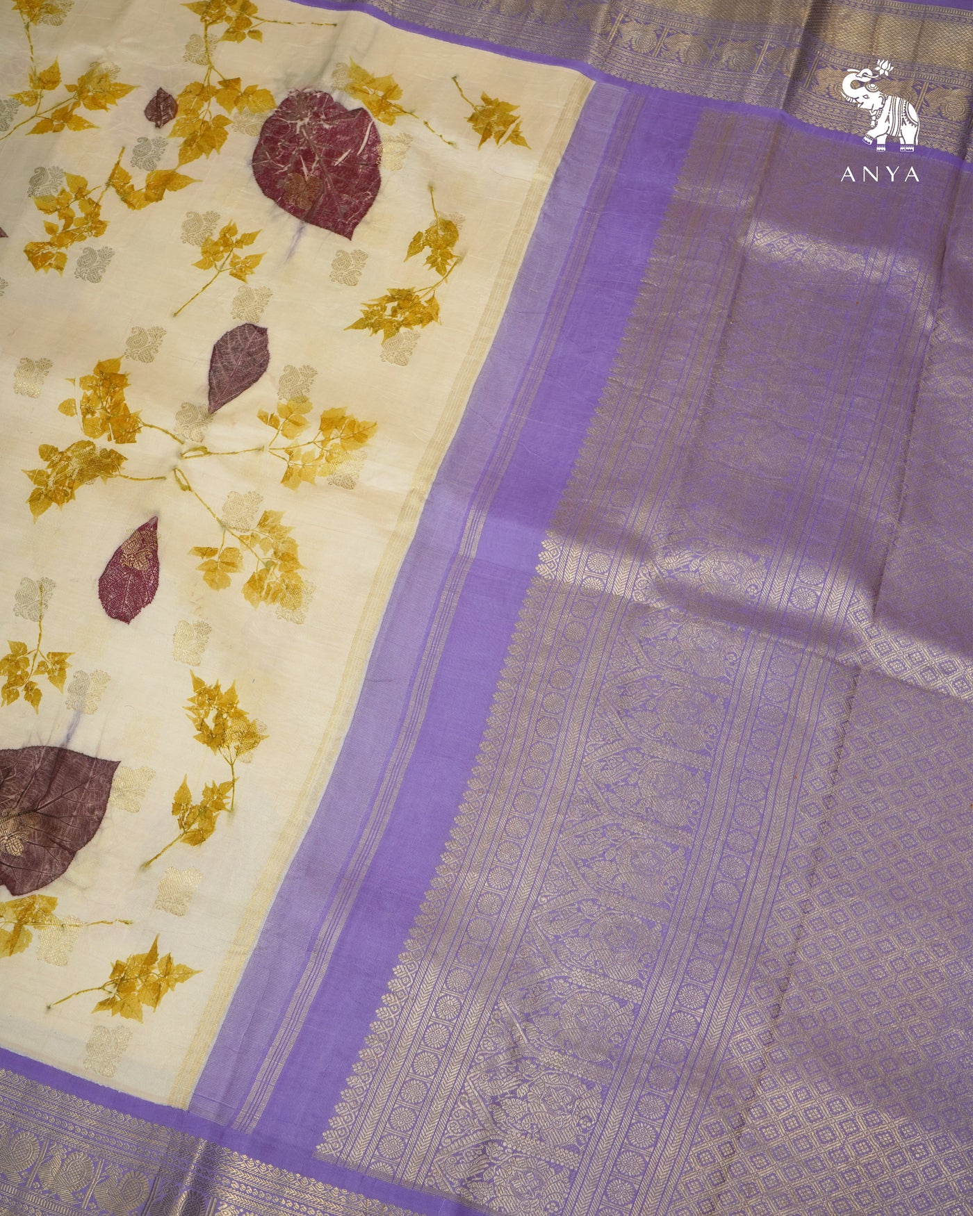 Off White Eco Print Kanchi Silk Saree with Lavender Getti Self Pallu