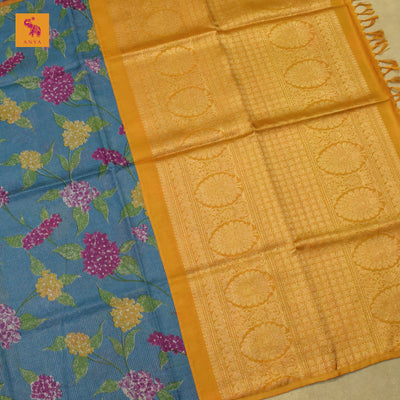 Blue Floral Print Zari Checks Tussar Silk Saree with Mustard Kanchi Silk Getti Self Pallu