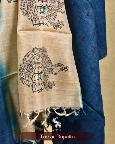 Blue Tussar Silk Dupatta with Kantha Work Design