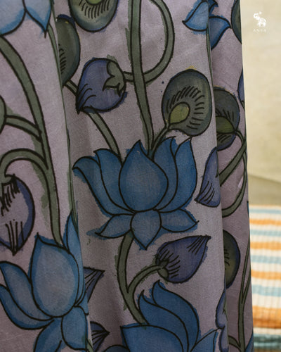Lilac Pen Kalamkari Kanchi Silk Fabric