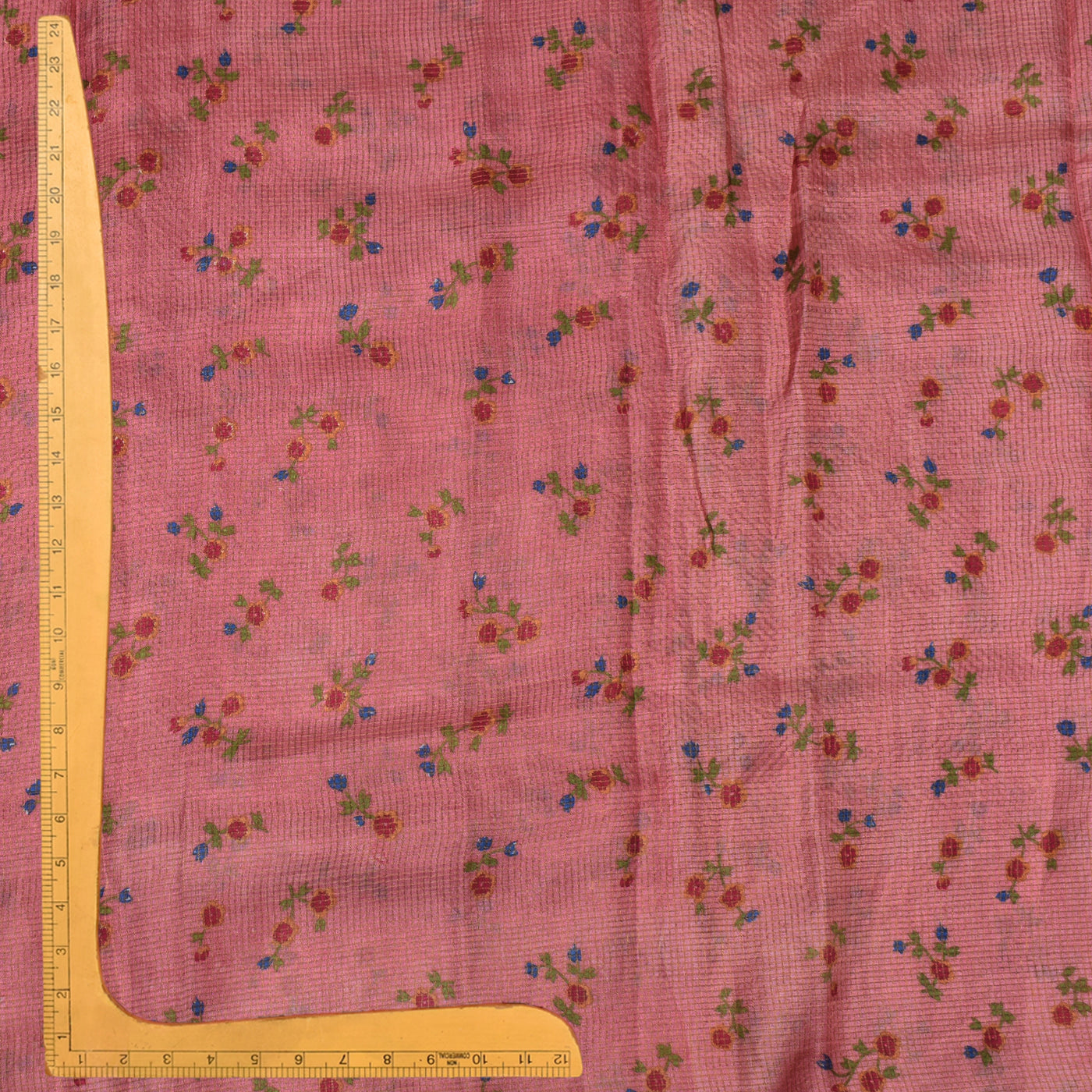 Baby Pink Tusar Silk Fabric with Floral Print and Zari Checks Design
