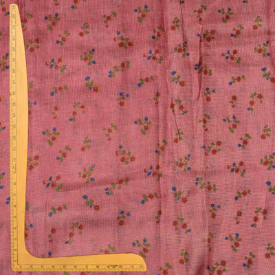 Baby Pink Tusar Silk Fabric with Floral Print and Zari Checks Design