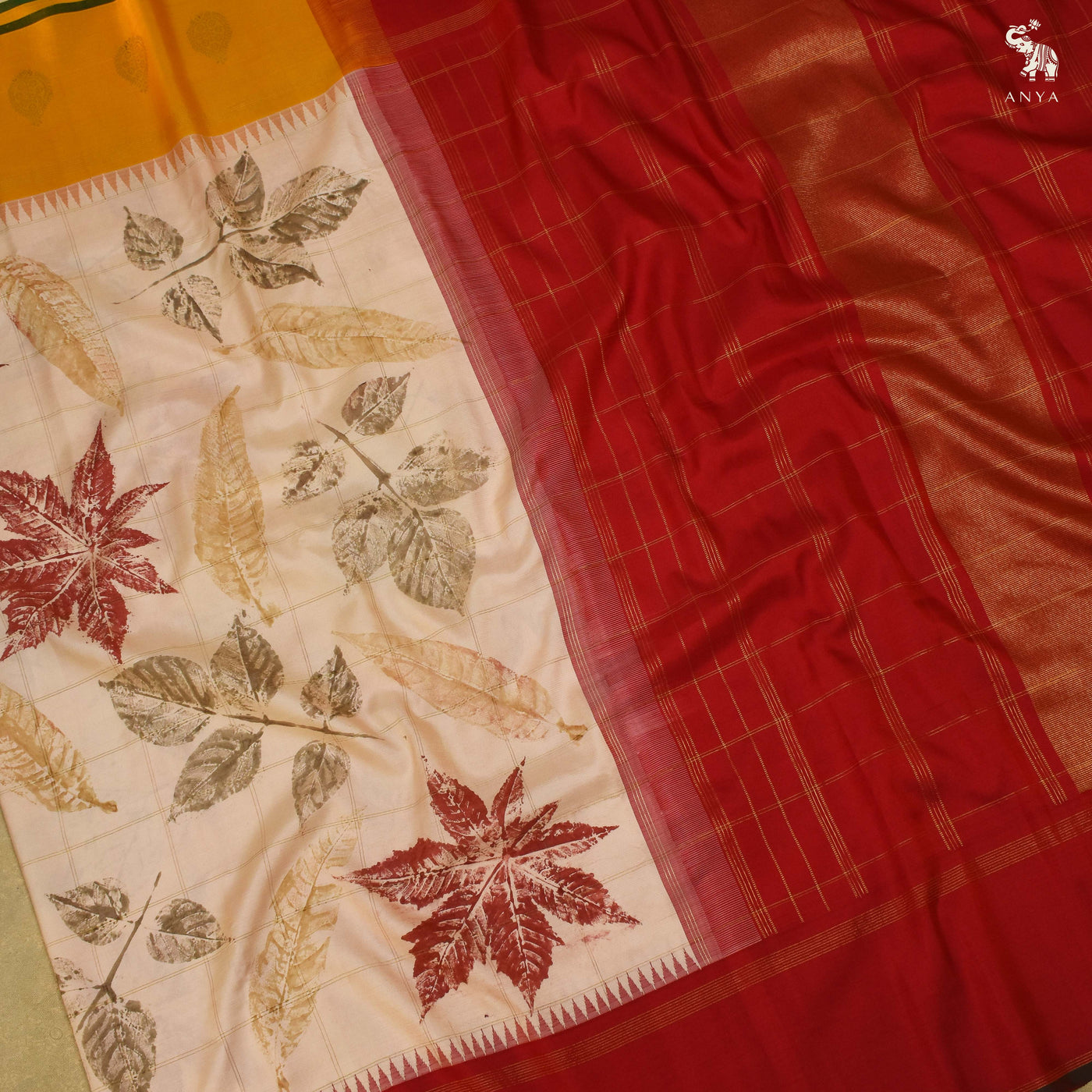 Off White Eco Print Kanchi Silk Saree