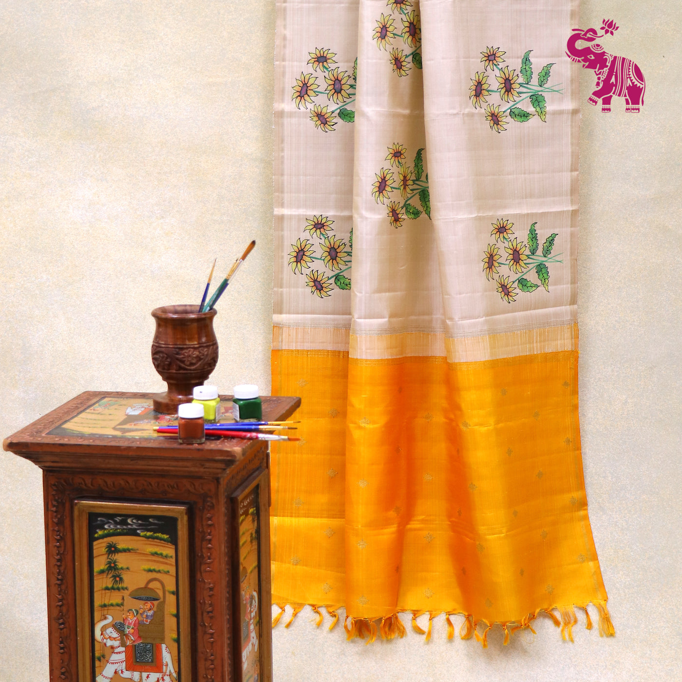Off White Floral Hand Painted Kanchi Silk Dupatta with Mustard Zari Butta Design