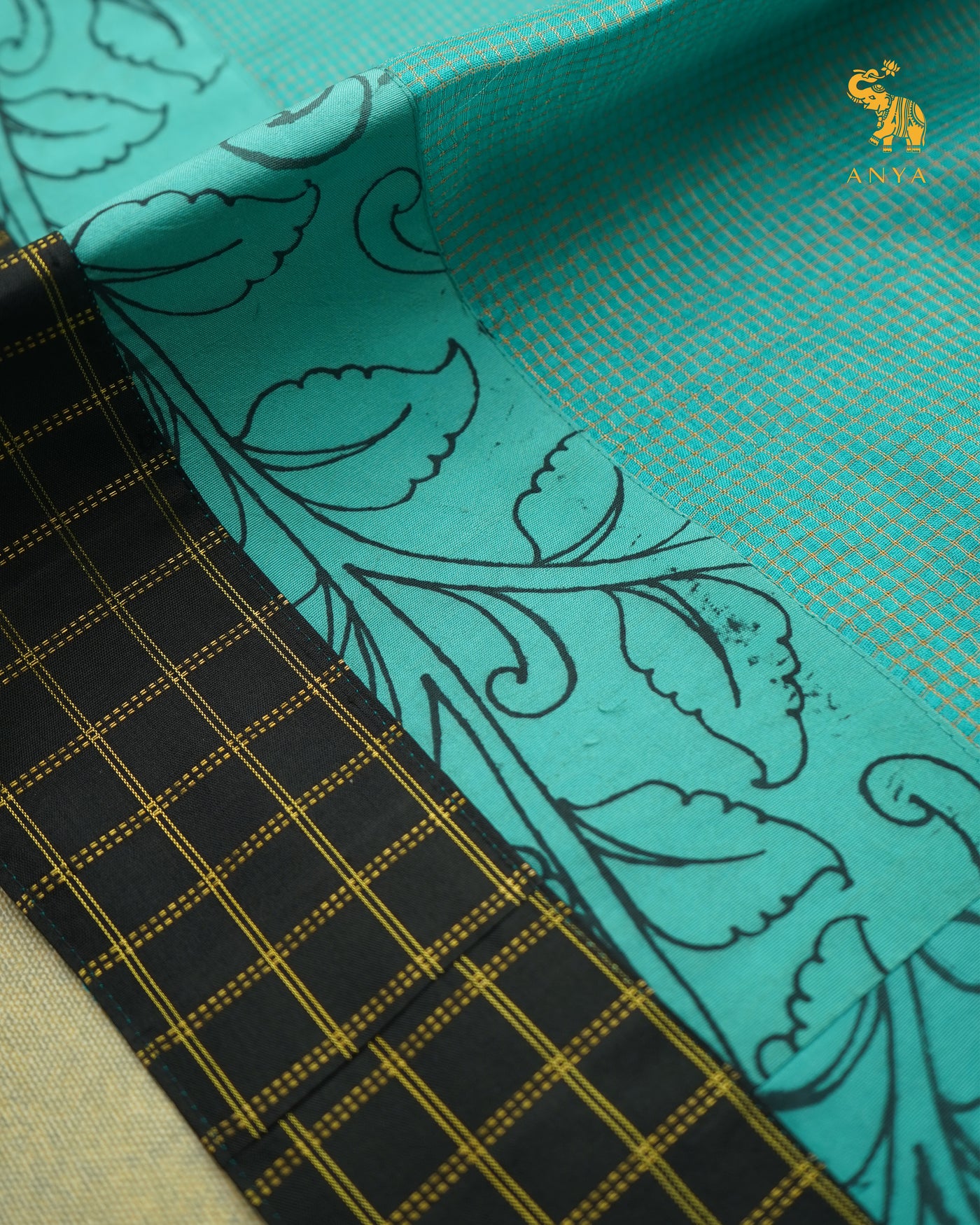 Anandha Blue Zari Checks Tussar Silk Saree with Blue Pen Kalamkari Kanchi Border