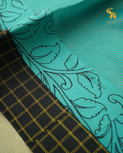 Anandha Blue Zari Checks Tussar Silk Saree with Blue Pen Kalamkari Kanchi Border