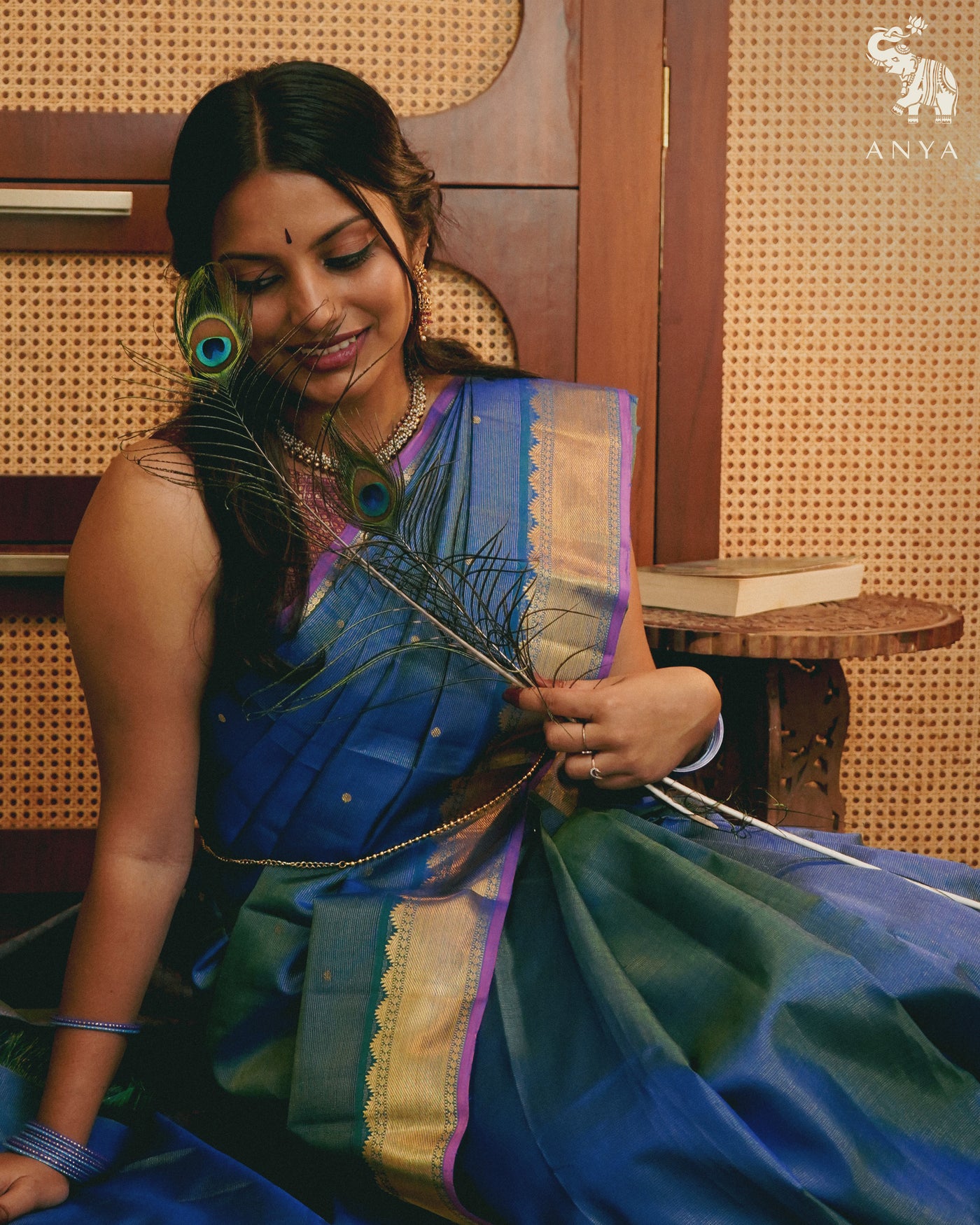 Ink Blue Kanchi Silk Saree with Vairaoosi Lines Butta Design