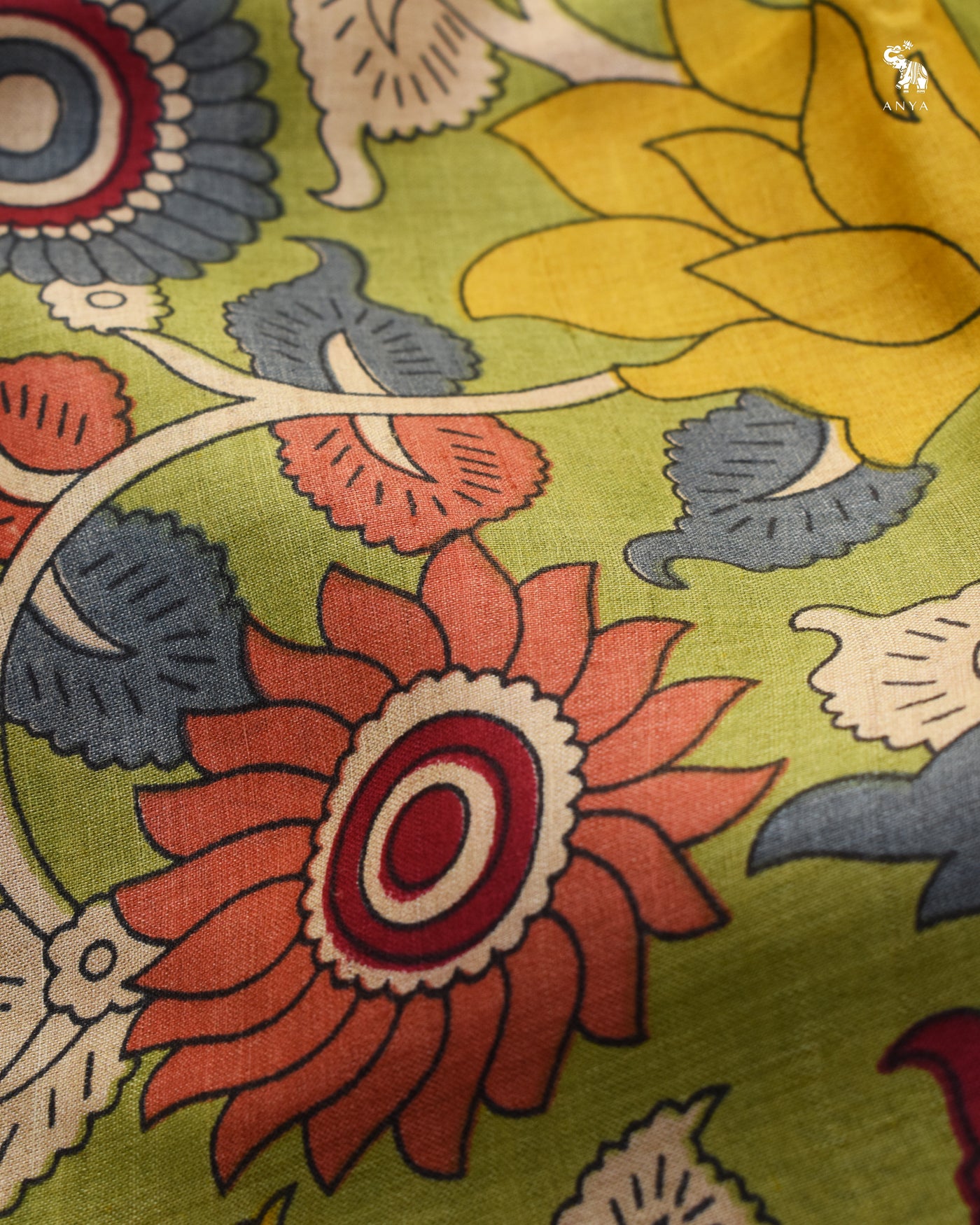 Parrot Green Tussar Silk Saree with Floral Printed Design