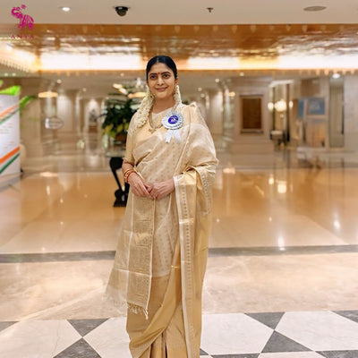 Off White Kanchipuram Silk Saree with Vairaoosi Design