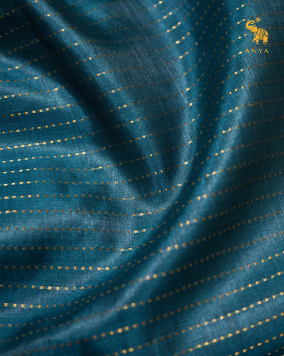 Peacock Blue Tussar Silk Saree with Zari Stripes Design