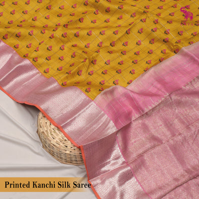 Oil Mustard Printed Kanchi Silk Saree with Small Zari Kattam and Floral Print Design