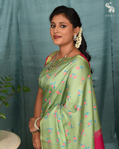 Apple Green Printed Kanchi Silk Saree with Floral Print Design