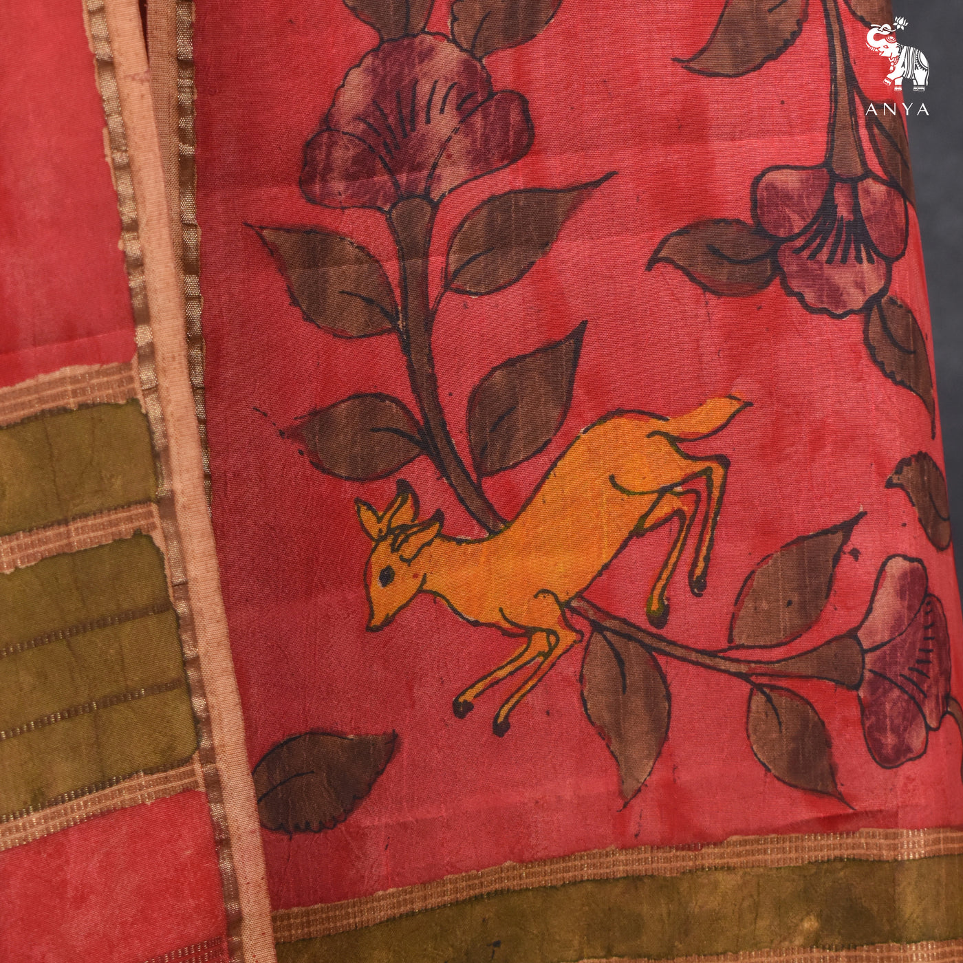 Peach Pen Kalamkari Kanchi Silk Dupatta with Green and Peach Seer Border Design