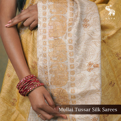 Light Yellow Tussar Silk Saree with Floral Embroidery Design