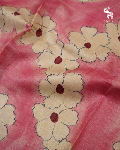 Onion Pink Tussar Silk Saree with Floral Design