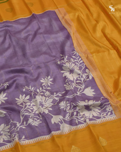 Lilac Printed Kanchi Silk Saree with Floral Print Zari Kattam Design
