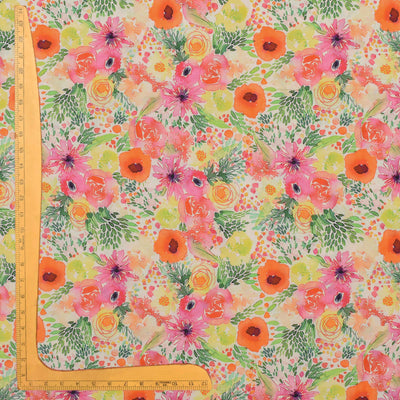 Off White Maheshwari Silk Fabric with Multicolor Floral Design