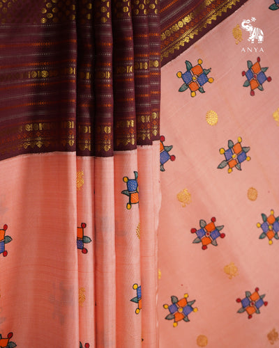 Peach Madhubani Kanchi Silk Saree with Brown Getti Self Pallu and Blouse