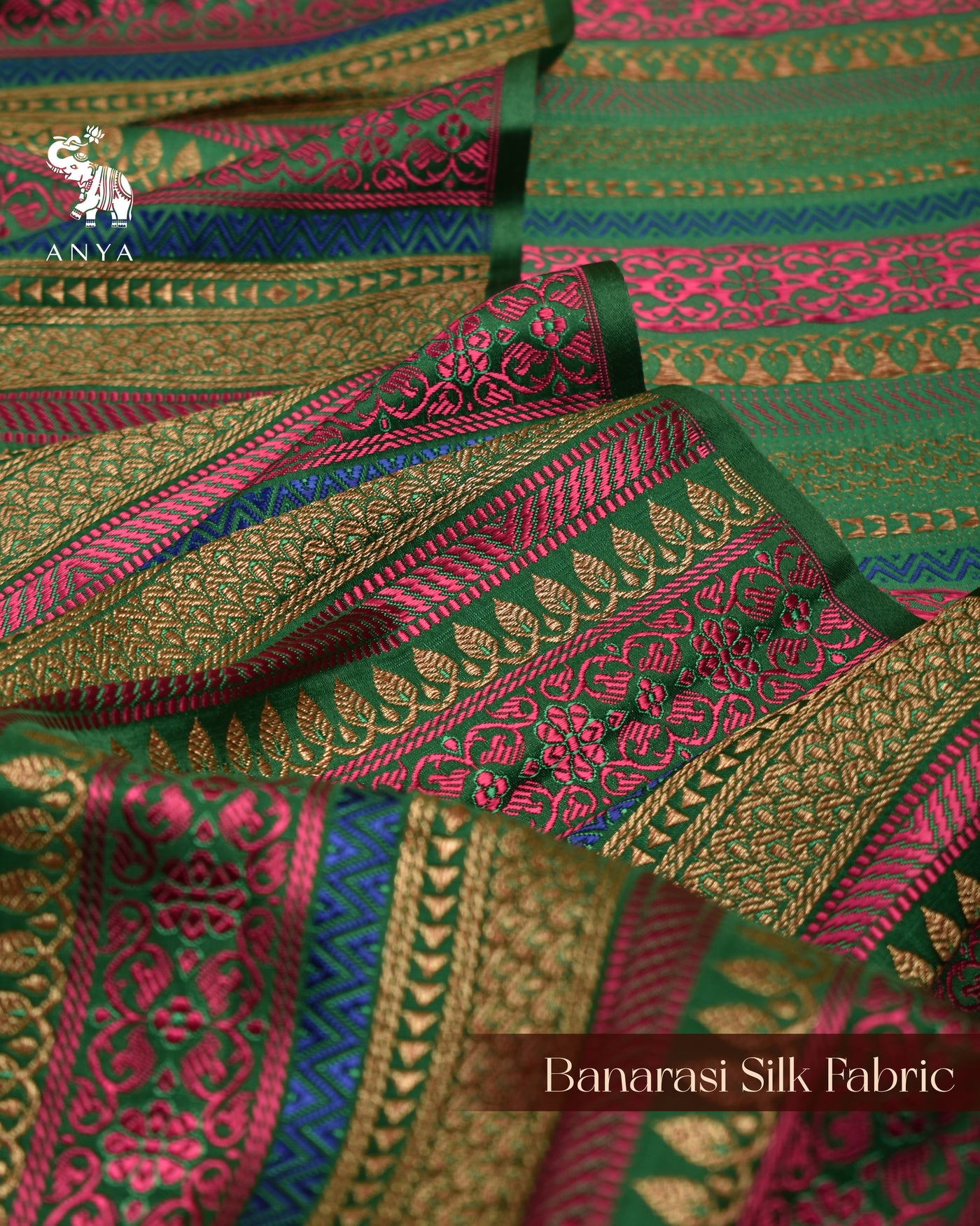 Green and Magenta Banarasi Silk Fabric with Stripes Design