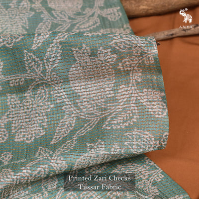 Mint Green Tussar Silk Fabric with Floral Print Zari Checks Design