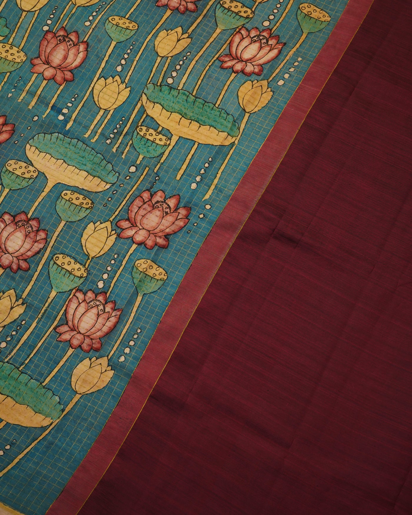 Indigo Pen Kalamkari Kanchi Silk Saree