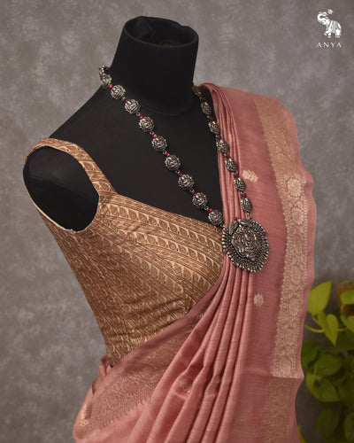 Onion Pink Tussar Moonga Saree with Zari Butta Design