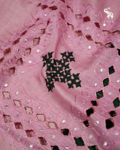 Baby Pink Printed Kanchi Silk Saree with Box Cut and Kutch Work Design