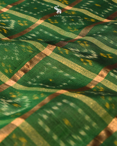 Bottle Green Ikkat Silk Fabric with Checks Design