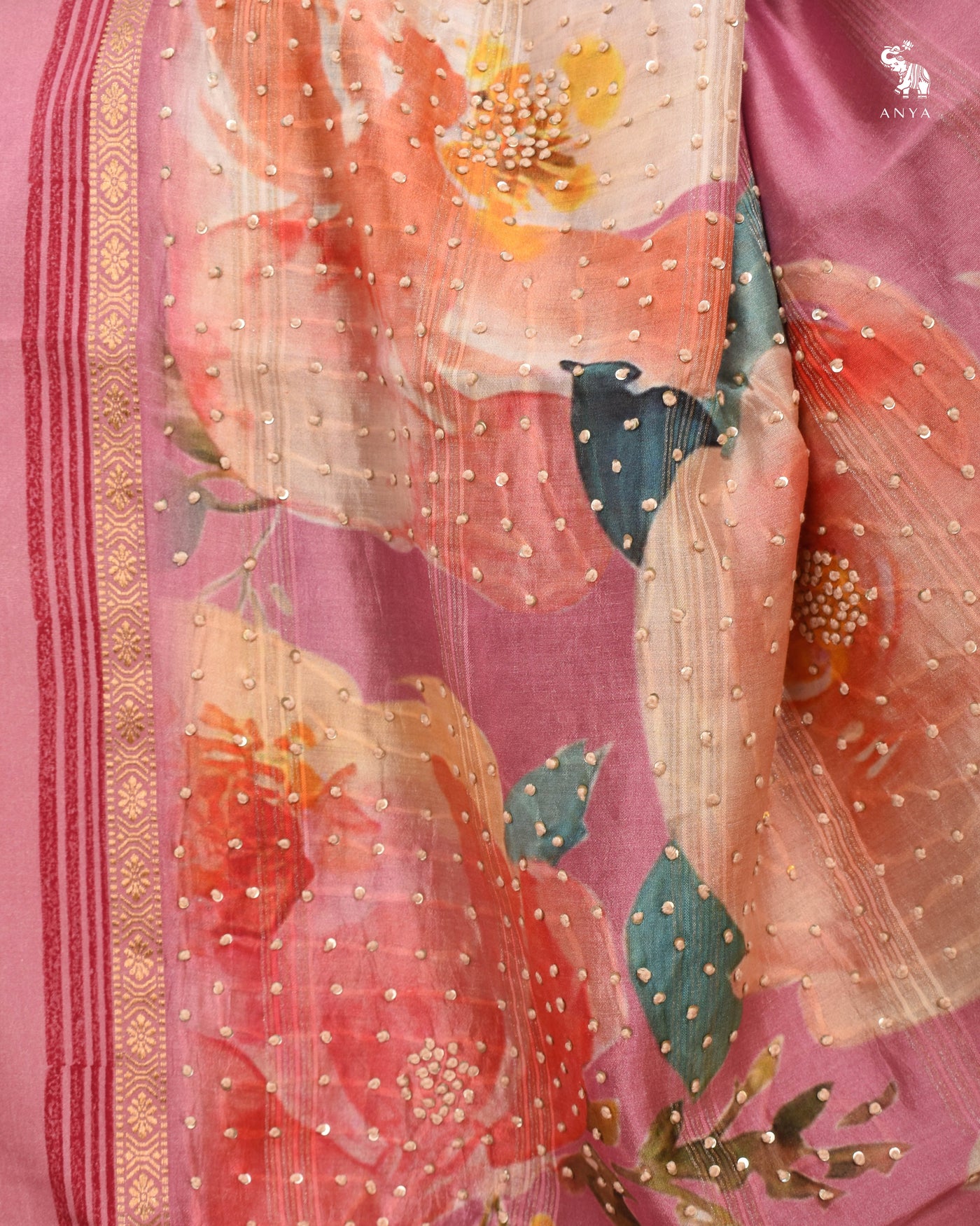 Onion Pink Chanderi Saree with Kantha Work Design