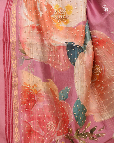 Onion Pink Chanderi Saree with Kantha Work Design