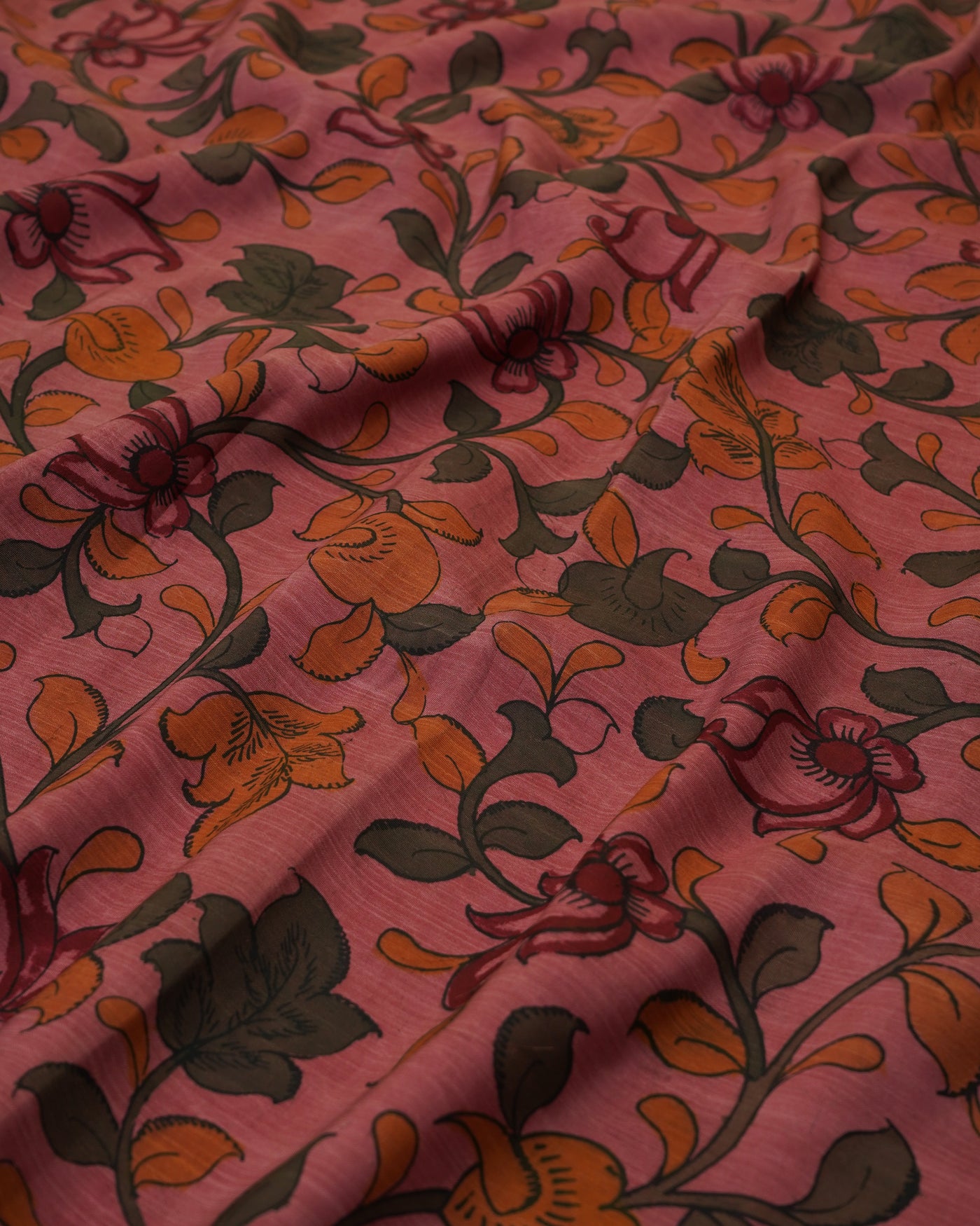 Onion Pink Pen Kalamkari Kanchi Silk Fabric with Floral Design