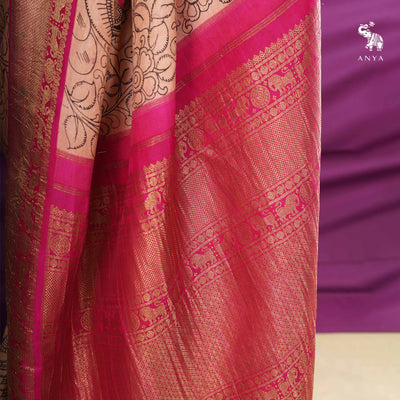 Peach Pen Kalamkari Kanchi Silk Saree with Floral Creeper and Dancing Doll Design