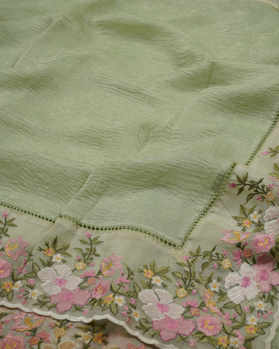 Apple Green Crush Tissue Saree with Floral Embroidery Border