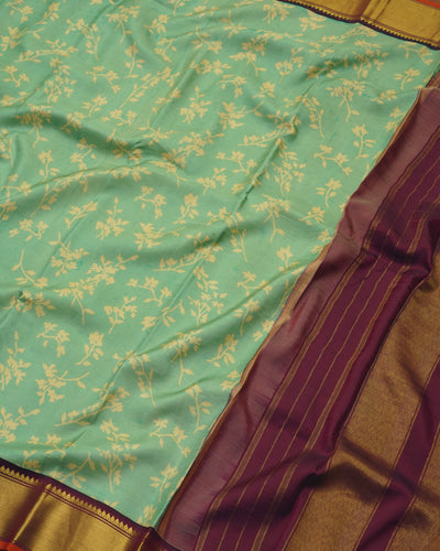 Light Green Printed Kanchi Silk Saree with Floral Design
