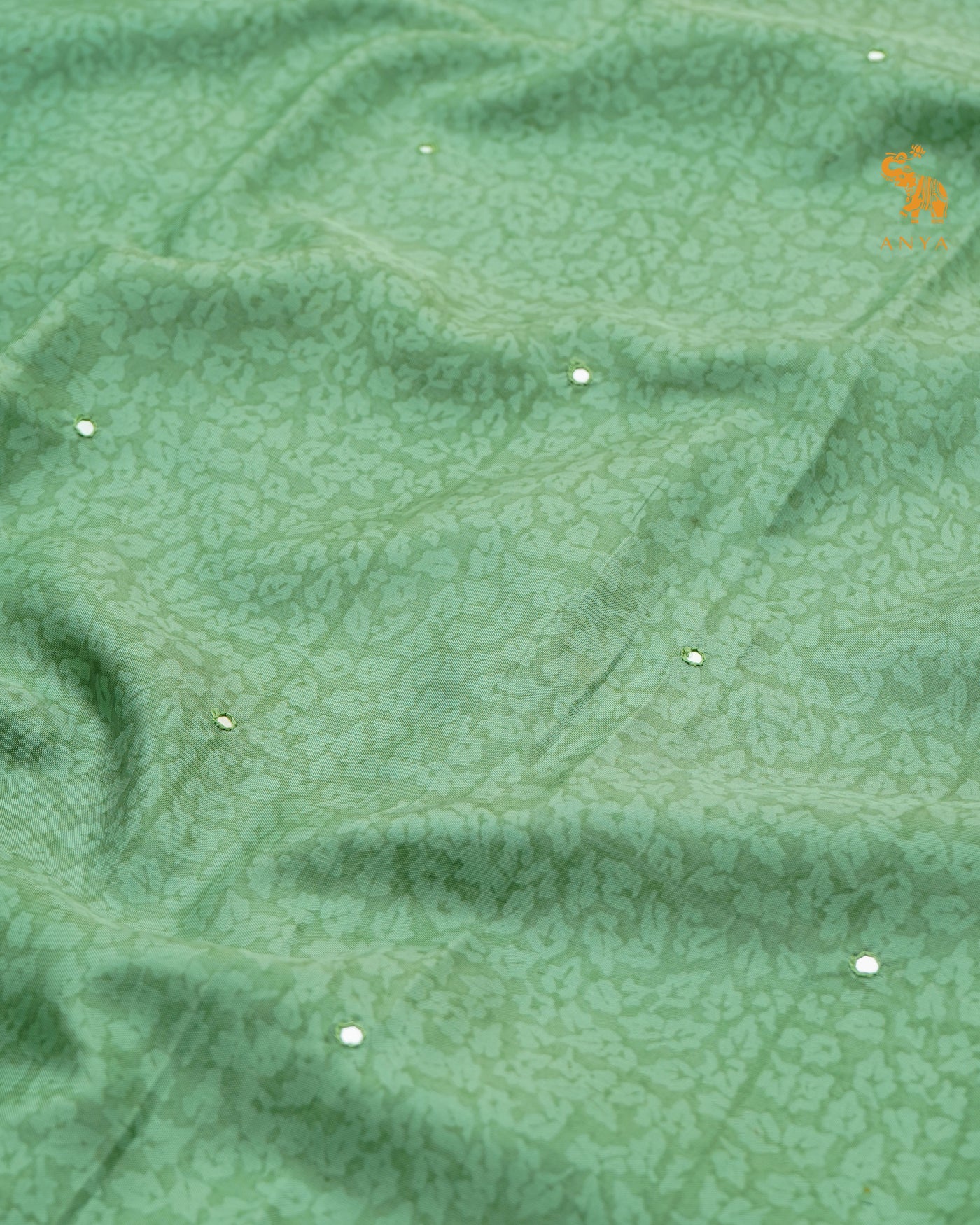 Green Printed Kanchi Silk Saree with Scallop Mirror Embroidery Design