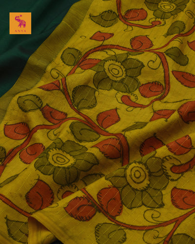 Bottle Green Pen Kalamkari Kanchi Silk Saree