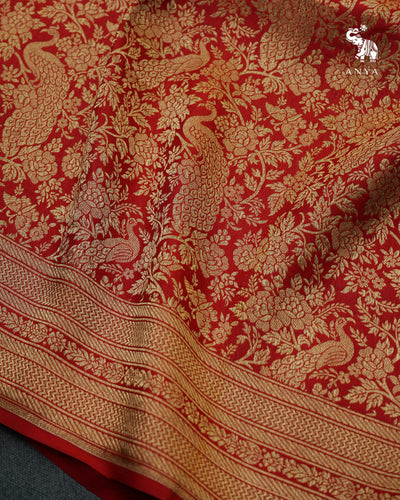 Red Banarasi Silk Saree with Peacock Zari Creeper Design