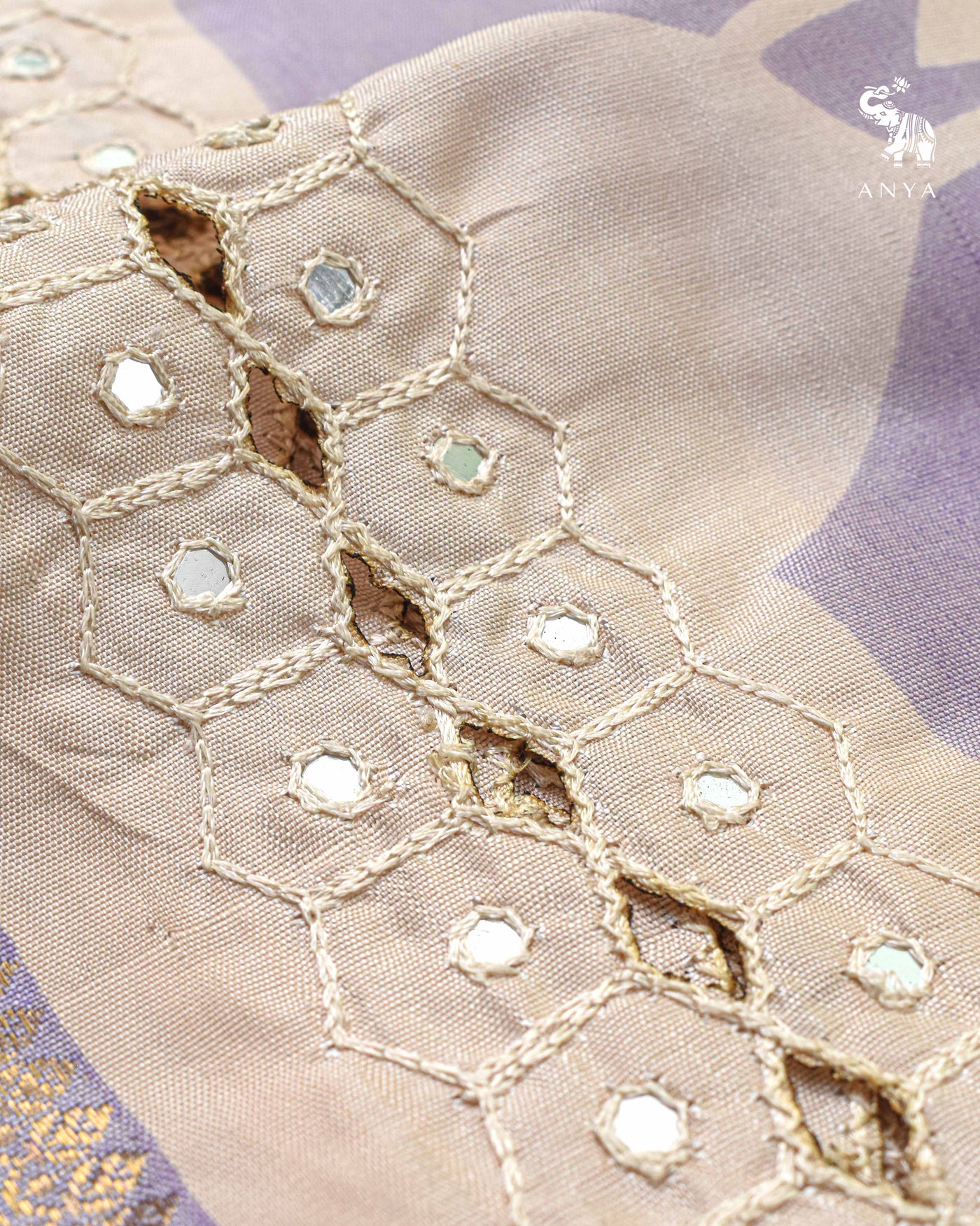 Lavender Printed Kanchi Silk Saree with Cut Work Design