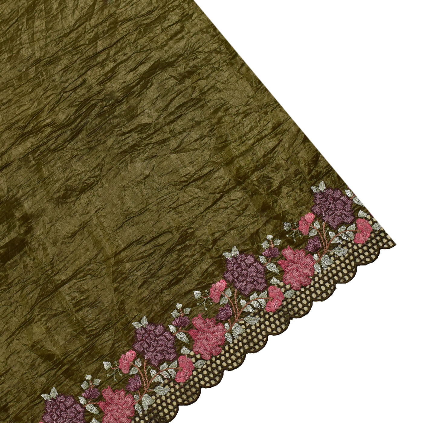 Olive Green Fancy Tissue Saree with Small Flower Embroidery Design