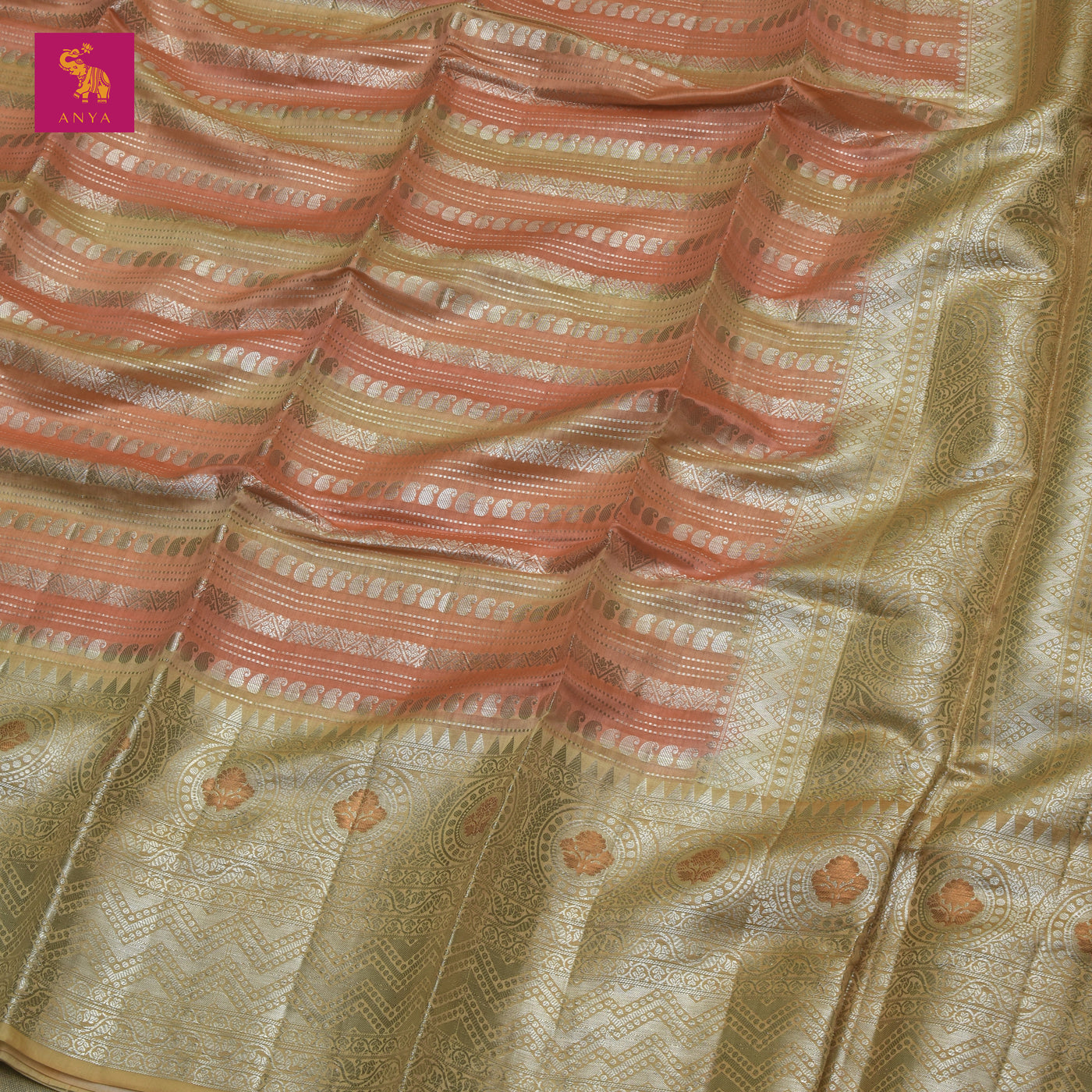 Peach Banaras Chanderi Silk Saree with Horizontal Stripes Design