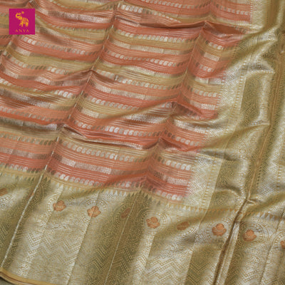 Peach Banaras Chanderi Silk Saree with Horizontal Stripes Design