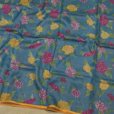 Blue Floral Print Zari Checks Tussar Silk Saree with Mustard Kanchi Silk Getti Self Pallu