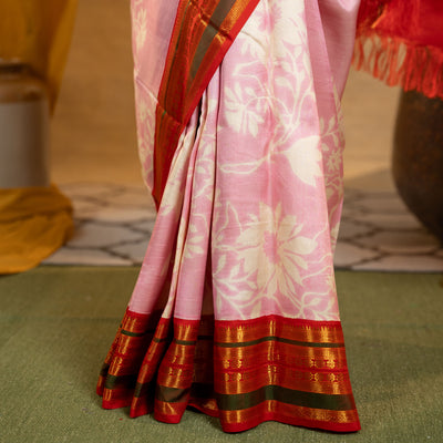 Lotus Pink Printed Kanchi Silk Saree with Floral Design