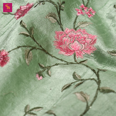 Elaichi Green Tussar Raw Silk Fabric with Floral Creeper Embroidery Design