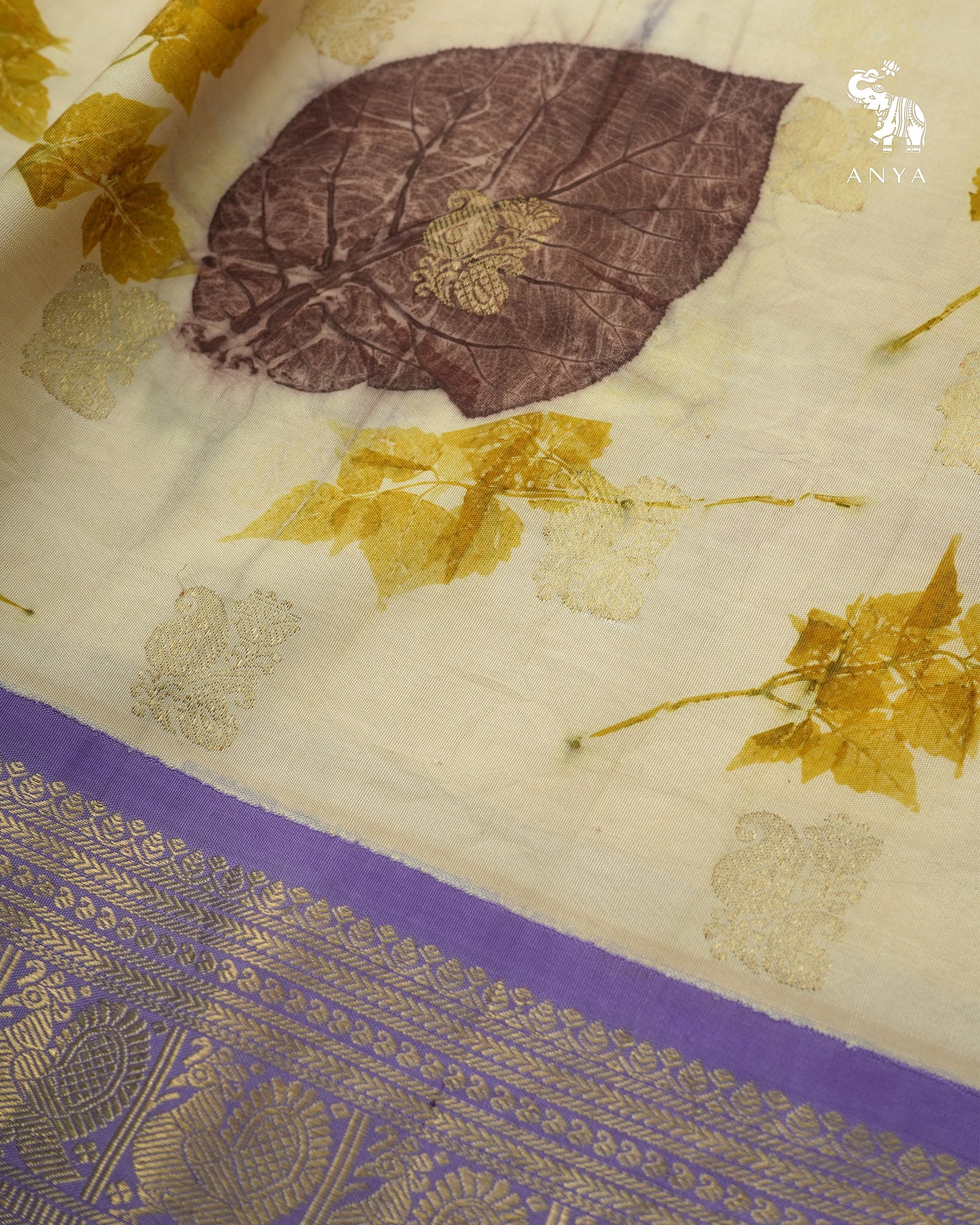 Off White Eco Print Kanchi Silk Saree with Lavender Getti Self Pallu