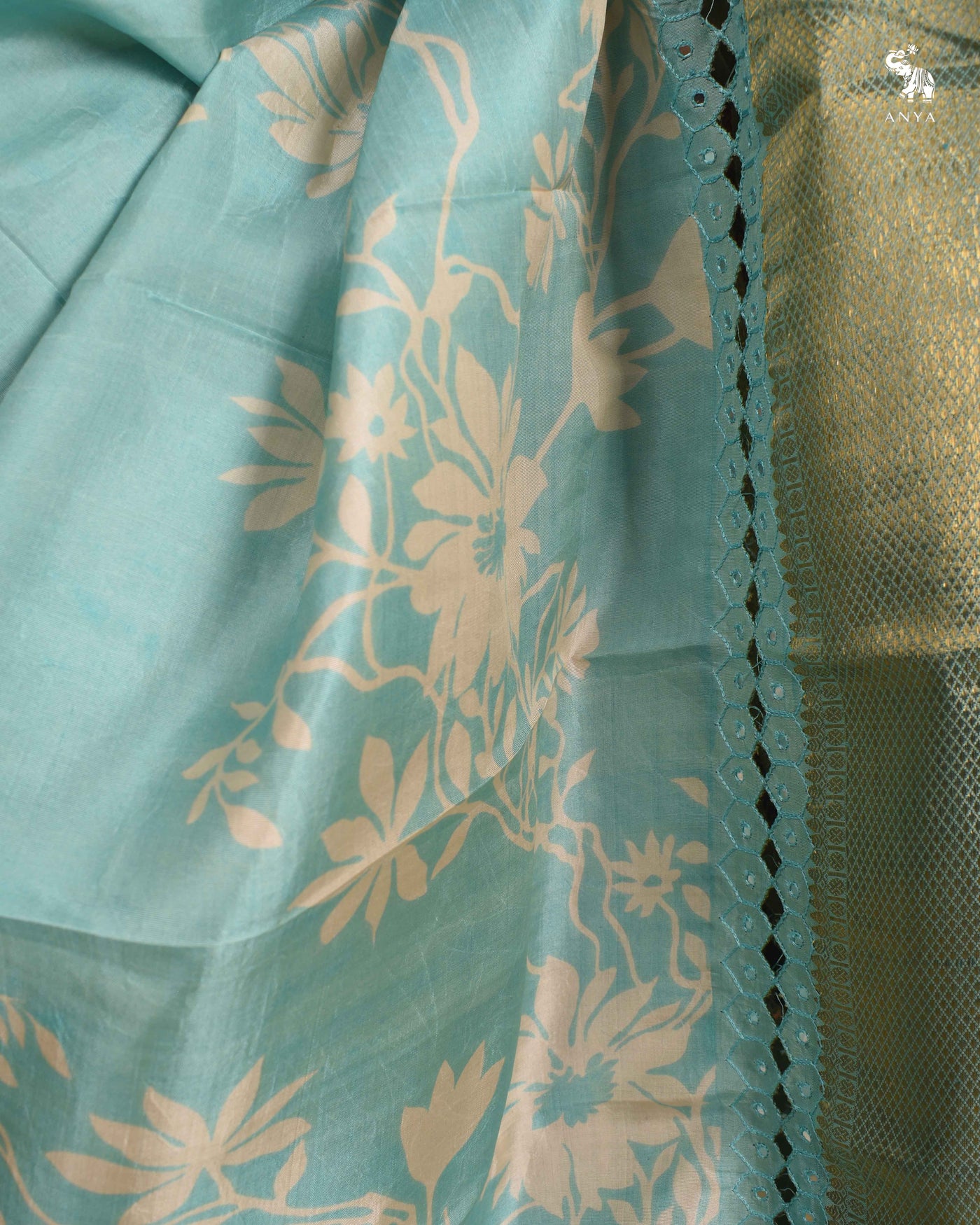 Blue Floral Printed Kanchi Silk Saree with Cut Work Design