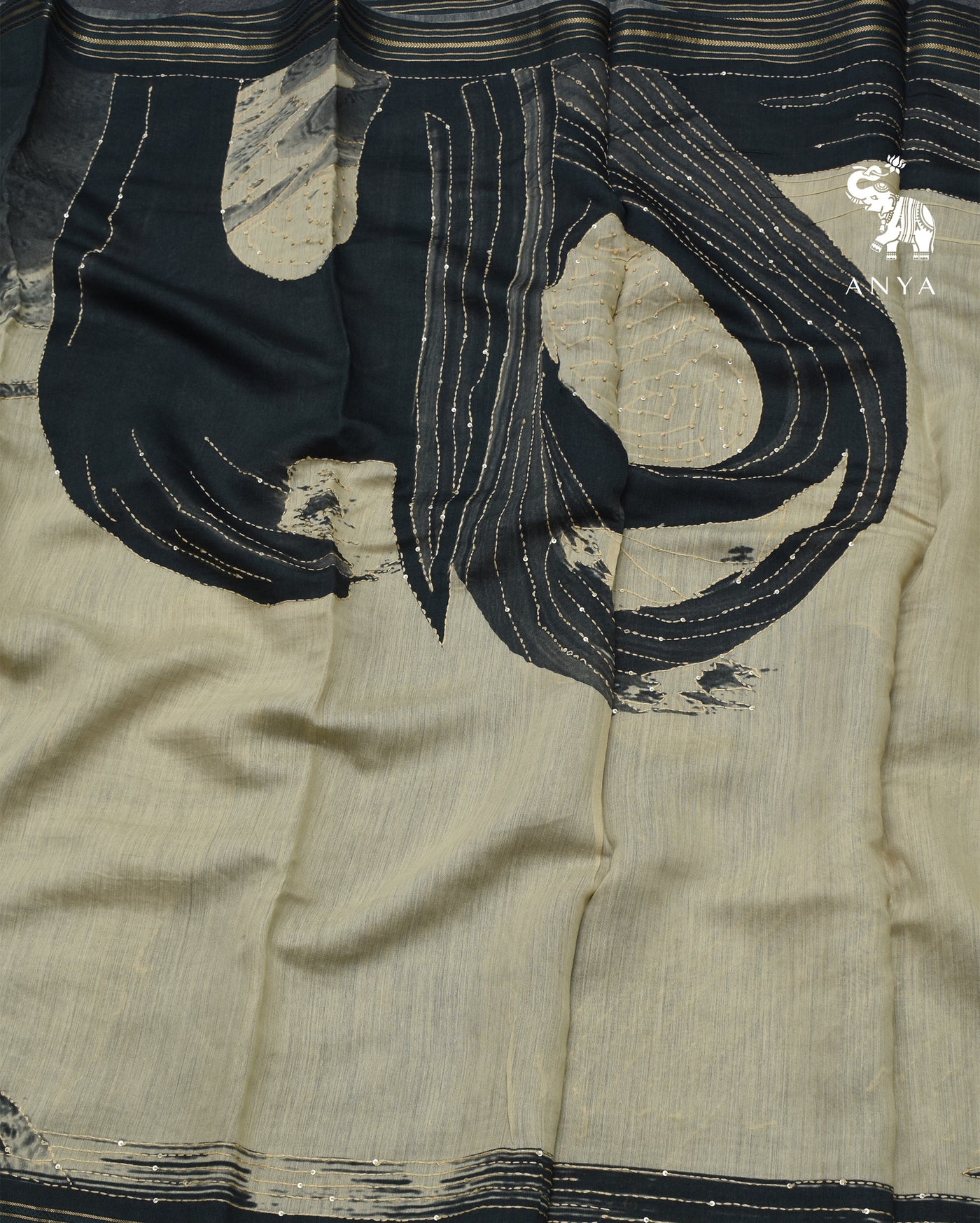 Grey Chanderi Saree with Kantha Work Design