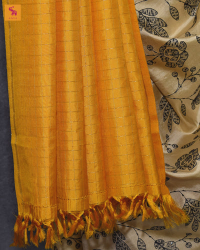 Off White Sequins Embroidery Silk Saree