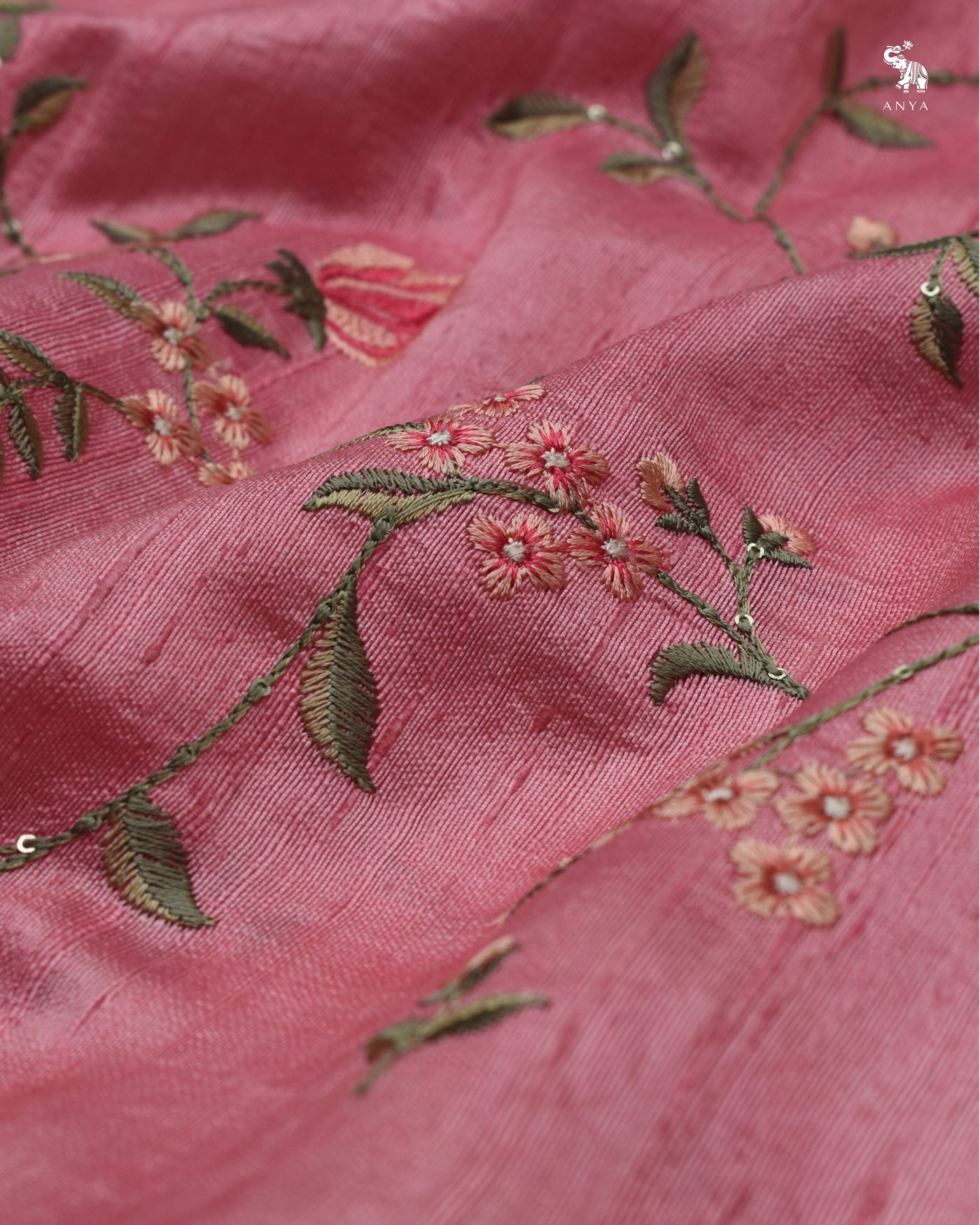 Lotus Pink Tussar Raw Silk Fabric with Floral Creeper Embroidery Design
